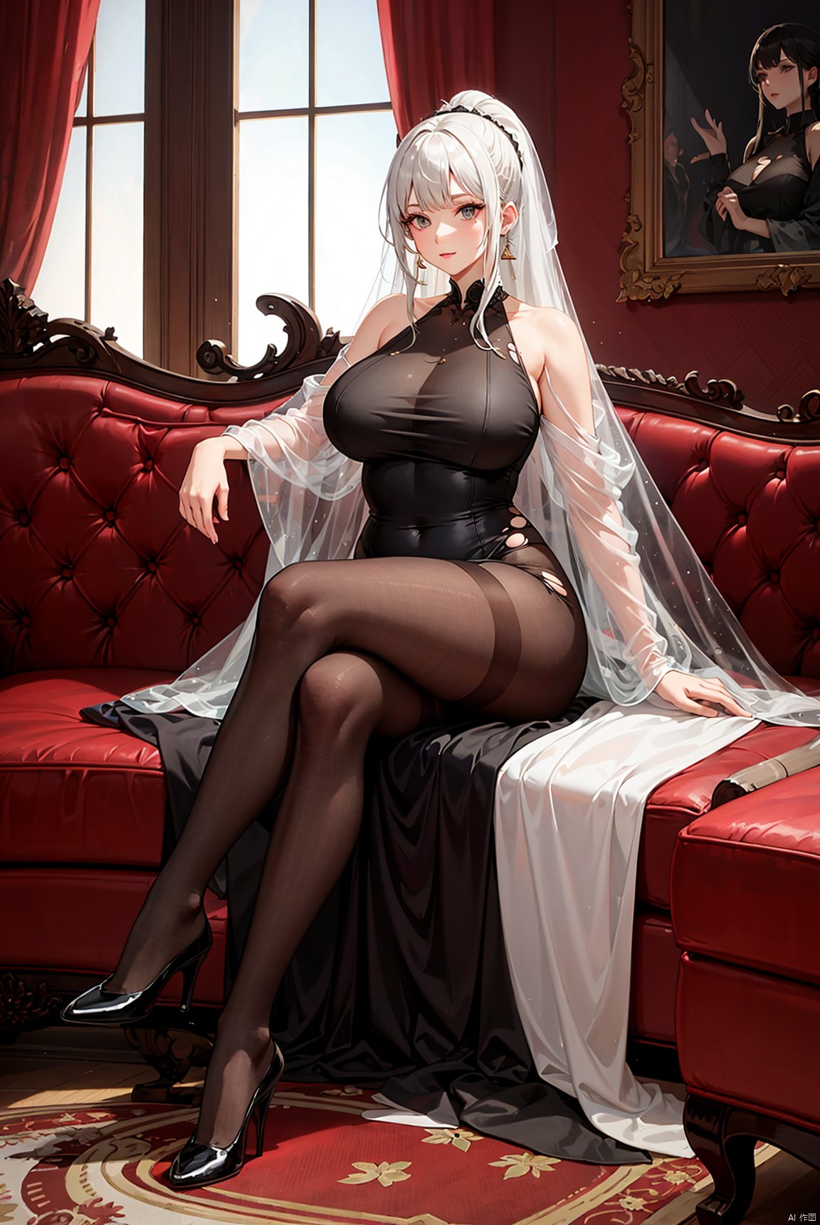 Transparent mesh neck long dress, fluffy and dense single ponytail long hair, slender legs, mature woman, tall figure, torn pantyhose, sitting on the sofa, plump and round thighs, front view, looking up, transparent veil