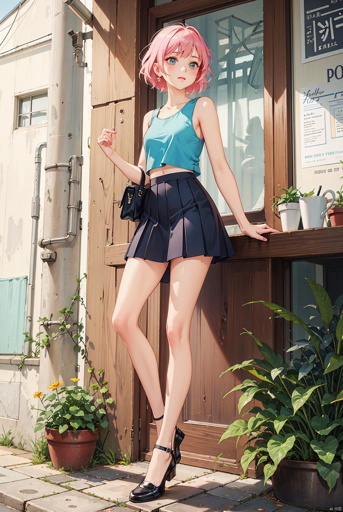 Girl, pink short hair, blue sleeveless top, blue pleated skirt, (bare legs), small leather shoes, beautiful, sexy, (lively), beautiful, cute