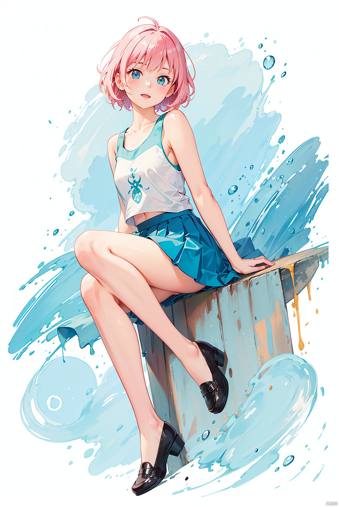 Girl, pink short hair, blue sleeveless top, blue pleated skirt, (bare legs), small leather shoes, beautiful, sexy, (lively), beautiful, cute