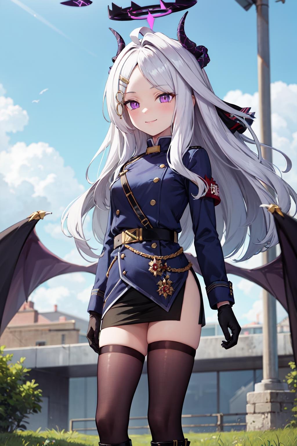 masterpiece,best quality,highres,ultra-detailed,aahina,halo,horns,long hair,ahoge,sidelocks,parted bangs,hairclip,military uniform,long sleeves,armband,black gloves,belt,pencil skirt,black skirt,side slit,(wings:1.2),low wings,(purple thighhighs:1.2),knee boots,black footwear,<lora:hina_(blue_archive):0.9>,outdoors,standing,:smile,cowboy shot,