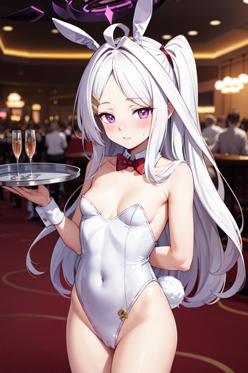 masterpiece,best quality,highres,ultra-detailed,aahina,halo,horns,long hair,ahoge,sidelocks,parted bangs,hairclip,<lora:hina_(blue_archive):0.9>,rabbit ears,playboy bunny,casino,holding tray,embarrassed,blush,standing,