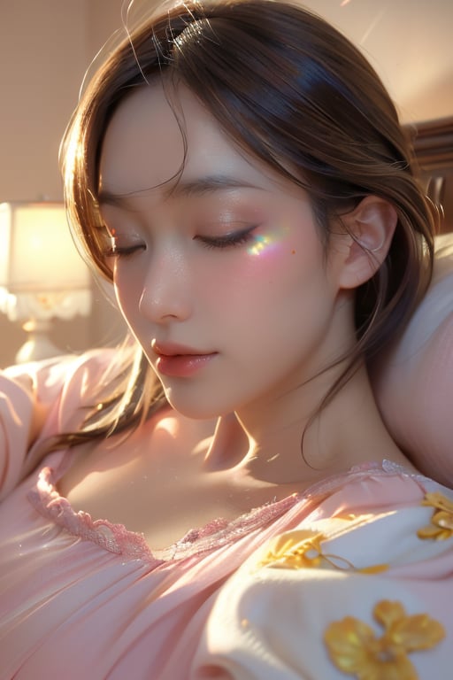 (RAW photo), (best quality), (realistic), masterpiece, beautiful and aesthetic, 16K, (HDR:1.4), high contrast, bokeh:1.2, lens flare, (vibrant color:1.4), (muted colors:0), (dim colors:0), (soothing tones:0), cinematic lighting, ambient lighting, sidelighting, exquisite details and textures, cinematic shot, warm tone, ultra realistic photo, siena natural ratio, 

(camera from front side:1.3), (sleeping on bed:1.3), (sick:1.3)

(detailed eyes), (detailed face), 1 girl, 22 years old, babyfat, (lie-on-bed:1.2), sleeping, take rest, brown very short hair, sexy pink pajamas, (bare shoulders), screen light shine, indoor, tea,Gabriel Pacheco Style,cute eyes