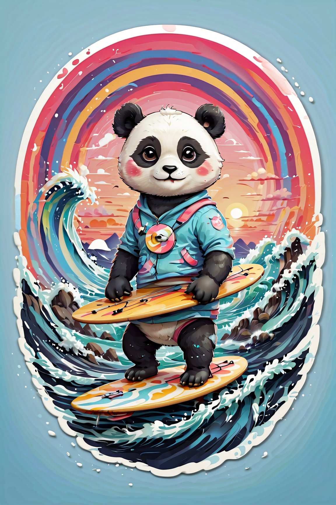 Pastel color palette, in dreamy soft pastel hues, pastelcore, pop surrealism poster illustration || A Majestic and trained panda surfing on a surfboard on The Great Wave off Kanagawa While holding a vinyl record in its hand || bright hazy pastel colors, whimsical, impossible dream, pastelpunk aesthetic fantasycore art