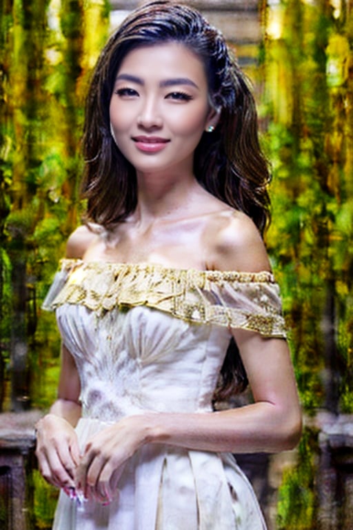 masterpiece, high quality, photorealistic, raw photo, Vietnamese beauty, flowing hair, cute face, wearing an ao dai with a gold 8K dragon, gentle smile, intricate skin, visible pores, off-shoulder, low-key, black background,Vietnam,vietnam,beauty