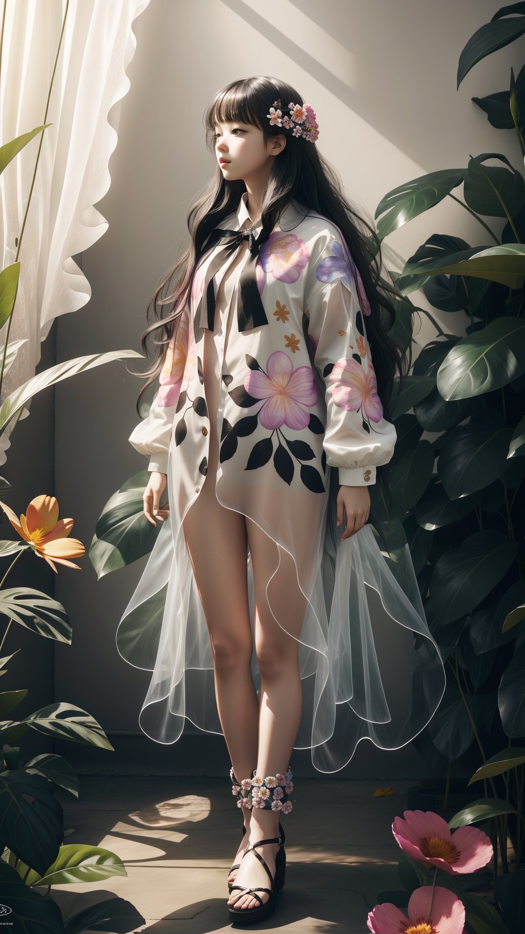 1girl, solo, long hair, full body, flower, leaf, holographic, rainbow, dramatic lighting, flower_core,photorealistic