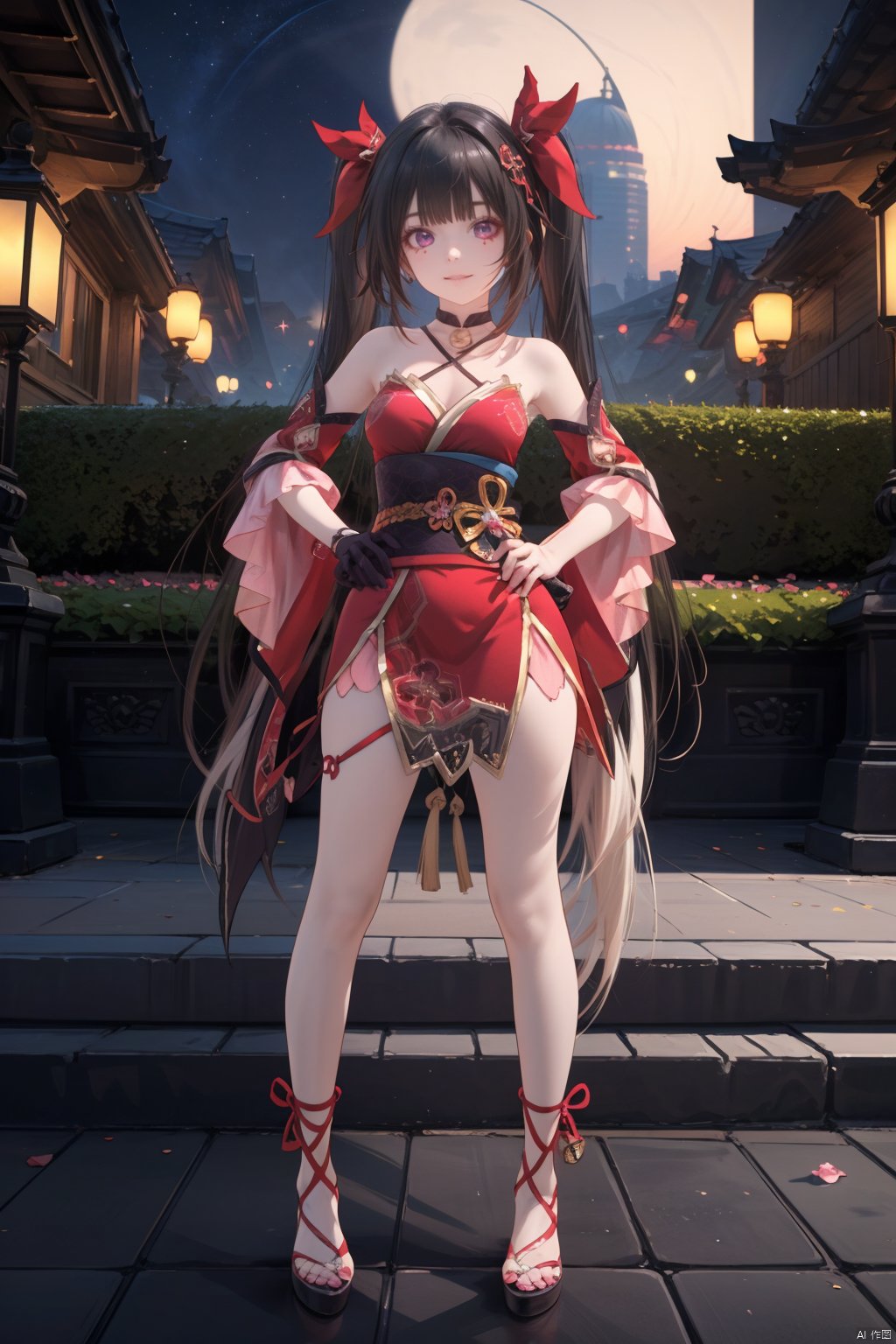  8k, best quality, masterpiece, (ultra-detailed:1.1), (high detailed skin),(full body:1.3), standing, looking at viewer, (solo:1.4), hand on hip, huahuo, 1girl, single_glove, mask on head, sash, black hair, twintails, purple eyes, obi, fox mask, single glove, japanese clothes, Cherry blossom tattoo, chest tattoo,(beautiful_face), ((intricate_detail)), clear face,((finely_detailed)), fine_fabric_emphasis,((glossy)), full_shot,
