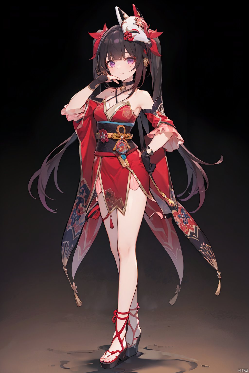  8k, best quality, masterpiece, (ultra-detailed:1.1), (high detailed skin),(full body:1.3), standing, looking at viewer, (solo:1.4), hand on hip, huahuo, 1girl, single_glove, mask on head, sash, black hair, twintails, purple eyes, obi, fox mask, single glove, japanese clothes, Cherry blossom tattoo, chest tattoo,(beautiful_face), ((intricate_detail)), clear face,((finely_detailed)), fine_fabric_emphasis,((glossy)), full_shot,
