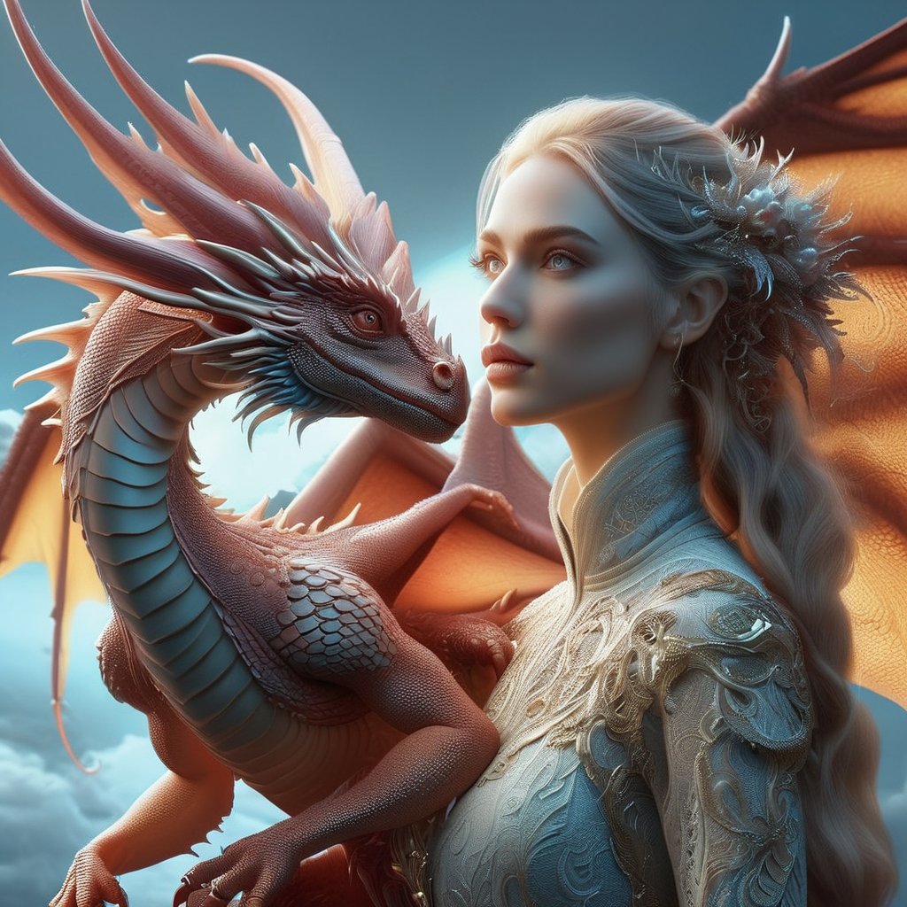 fantasy, woman and a tiny realistic dragon, digital illustration, UHD, a complex and intricate masterpiece clean and sharp,PetDragon2024xl