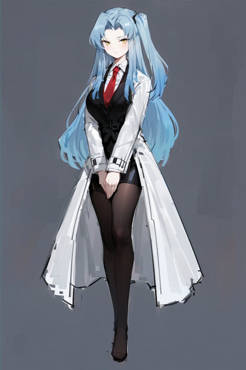 masterpiece, best quality, highres, full body, 1girl, solo, LCSD, standing, (black pencil skirt, white shirt, black vest, red necktie, black stockings, no shoes, labcoat, white long labcoat), (light blue hair, long hair, golden eyes, big breasts, pale skin, long legs, bangs, parted bangs), simple_background, gray_background,LimbusCompanySD,LC_Angela,LCSD