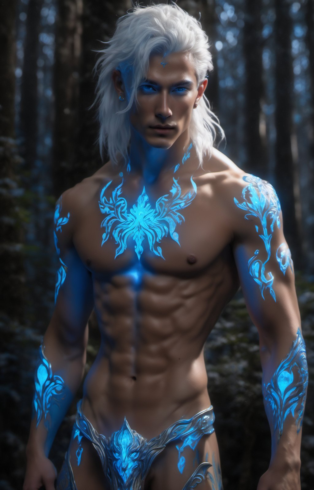 (extreamly delicate and beautiful:1.2), 8K, (tmasterpiece, best:1.2), (MALE:1.5) masterpiece, best quality, (detailed:1.3) halfnaked body with pale skin and (long_white_hair:1.4). All of his pale skin there are (blue_glowing_tattoes:1.5), on face, on body. (MAGICAL_BIOLUMINESCENT_TATTOOES:1.5) Naked upper body, paleblue colour dominating, cloudy night, sharp focus, highly detailed, Magical Fantasy style,GlowingRunesAI_blue,,bioluminescent fbpz body paint,Eren_jaeger_face,4rmorbre4k,GlowingRunesAI_blue