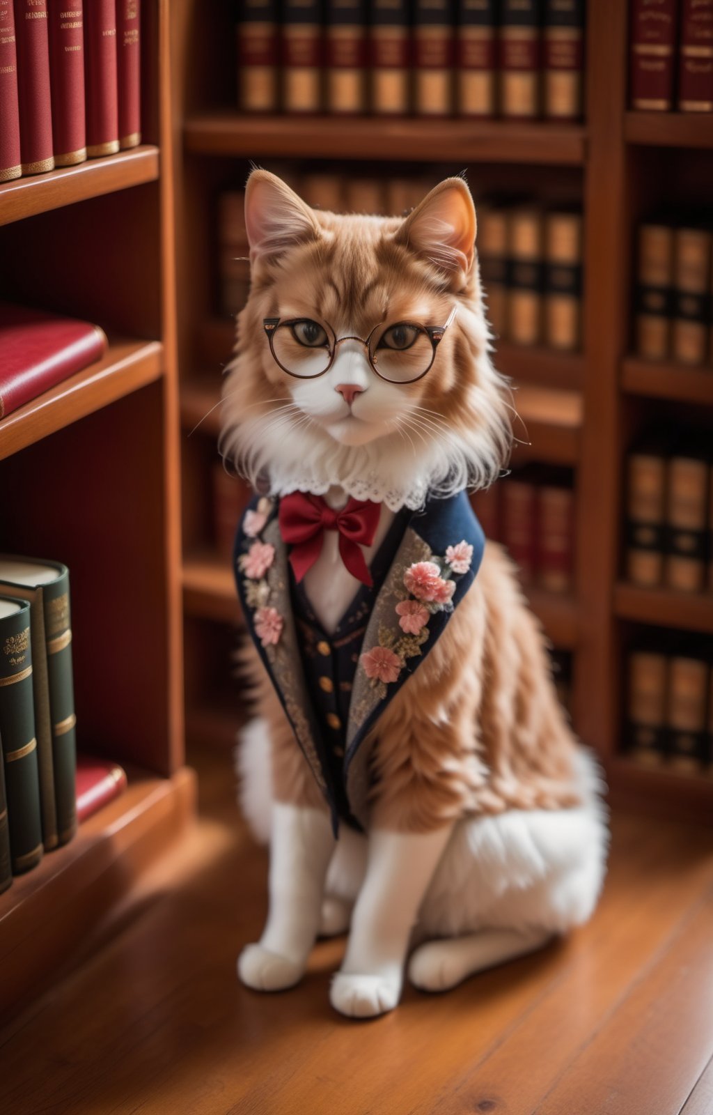 Envision an adorable and playful scene: A cat sits in front of a bookshelf, adorned with glasses and a vintage jacket, resembling an intellectual little princess