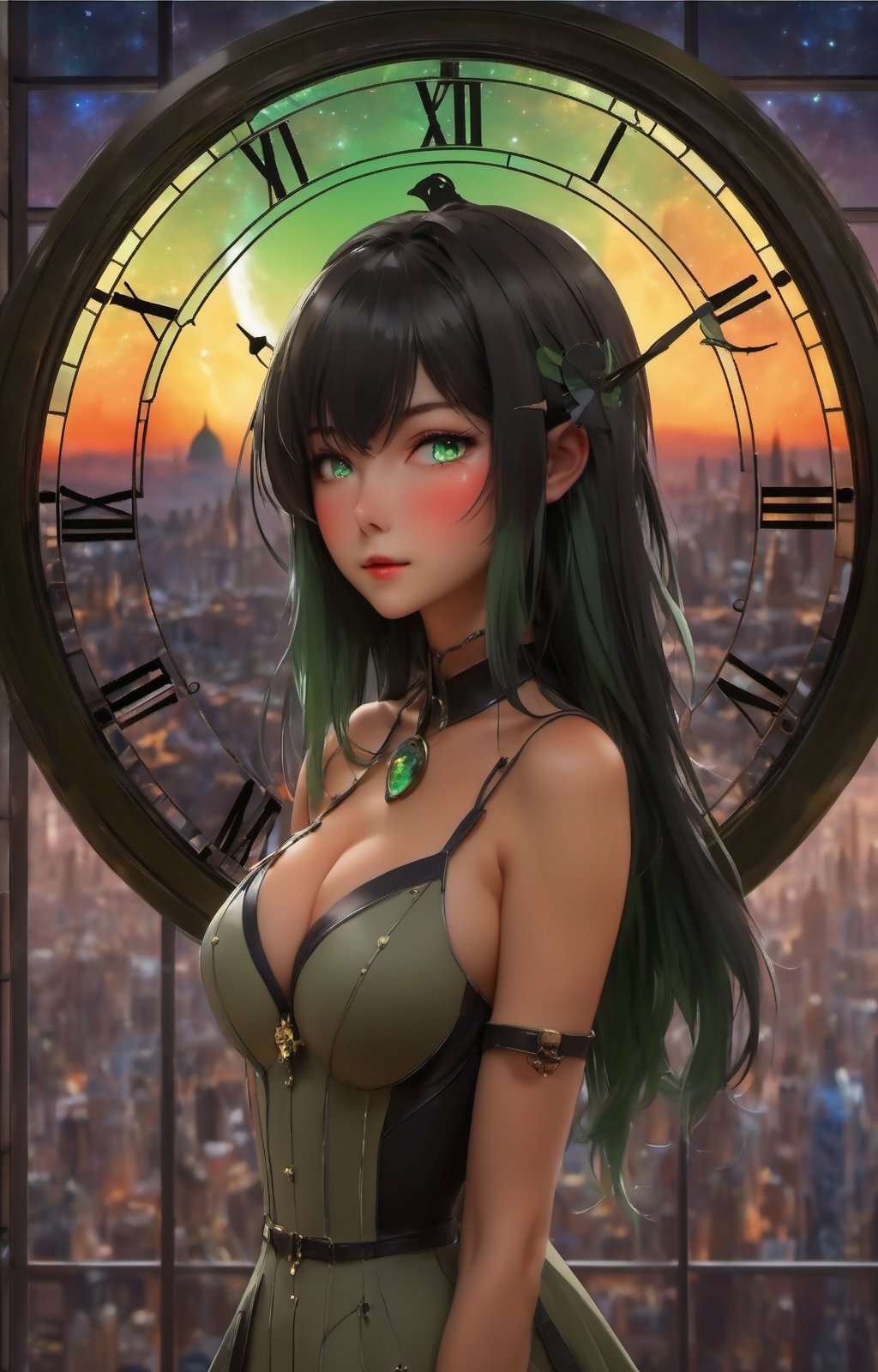 (masterpiece),best quality,highres,stunning art,beautifully painted,colorful,(rim light:1.2),4K wallpapper,fantasy,(panorama),(huge circular flowing round_ramed_clock background),through space,(huge circular flowing transparent hollow round_ramed_clock  on top:1.3),complete round_ramed_clock,(((circular surround floating cityscape landscape))),solo,1girl,slim,sitting_invisible_chair,gentle smile,(black thighhighs),long black hair,blunt bangs, green eyes,(khaki fedora), khaki coat,long light-green dress, light-greenshoes,space background,starry_sky,galaxy,red moon