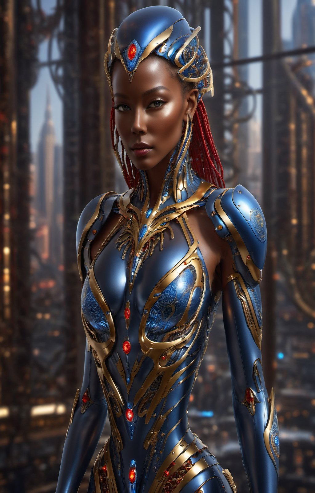 alien humanoid, artwork of a futuristic artificial intelligence superstar with frames made of detailed circuits. marvel studios concept art. artstation HQ. creative character blue/glass gold design for cyberpunk, red fiery eyes, intricate, elegant, 8k, highly detailed, digital painting, concept art, smooth, sharp focus, league of legends concept art