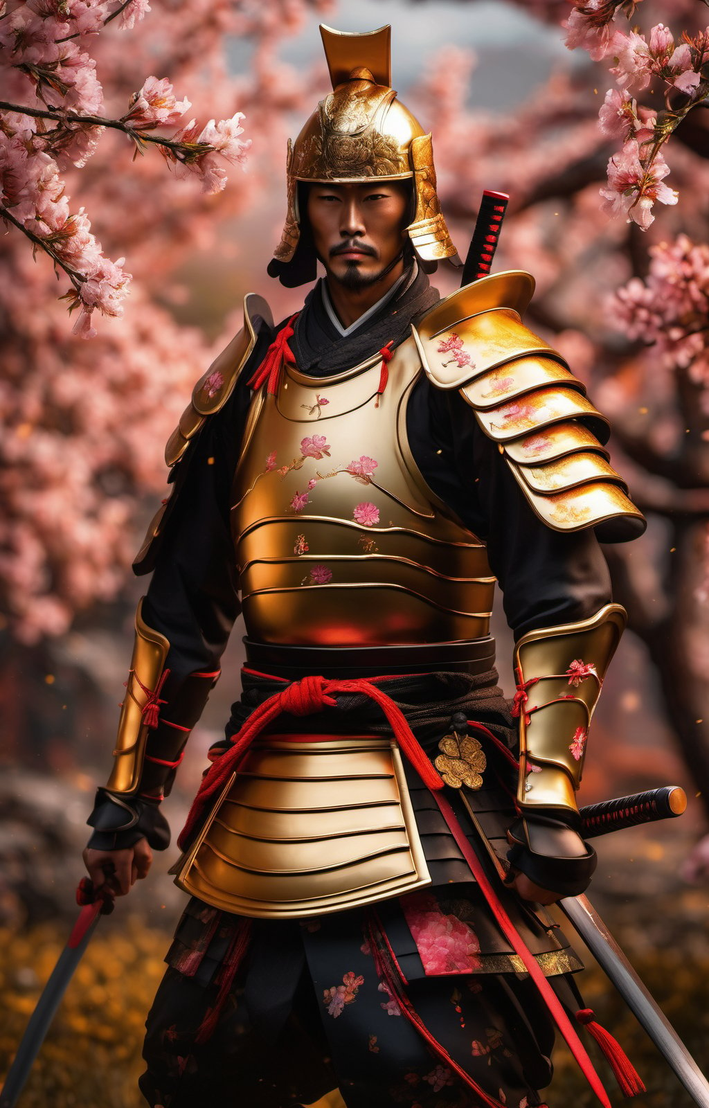 Confident Samurai Warrior, Wearing gold and black 16-th Century Samurai Armor, Fighting pose (Peach flower garden background) Detailed matte painting, deep color, fantastical, intricate detail, splash screen, complementary colors, fantasy concept art, 8k resolution trending on Artstation Unreal Engine 5,chiaroscuro, bioluminescent, Jim Lee art, photo r3al,photo r3al,Extremely Realistic,more detail XL,dripping paint