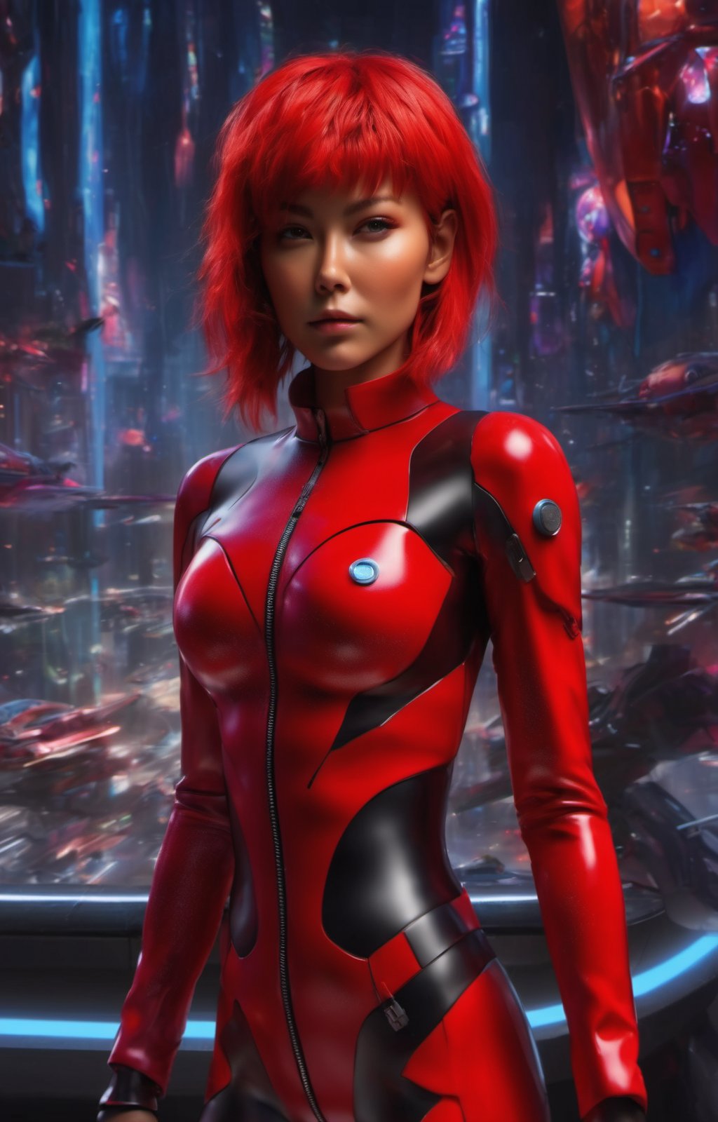 1 girl, fiery red jacket, tight suit,Space helm of the 1960s,and the anime series G Force of the 1980s,Ghost In The Shell style, Darf Punk wlop glossy skin, ultrarealistic sweet girl, space helm 60s, holographic, holographic texture, the style of wlop, space, stands on a pedestal,( with spaceships in the background)