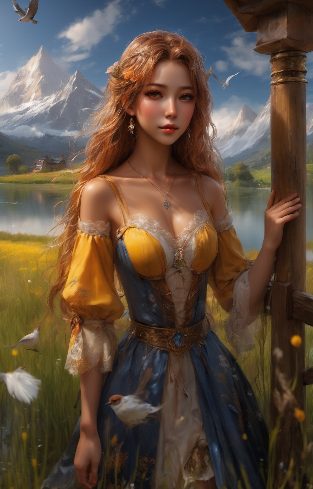 {masterpiece},{best quality},{1girl},Amazing,beautiful detailed eyes,solo,finely detail,Depth of field,extremely detailed CG,original, extremely detailed wallpaper,{{highly detailed skin}},{{messy_hair}},{small_breasts},{{longuette},{grassland},{yellow eyes},full body, incredibly_absurdres,{gold hair}.lace,floating hair,Large number of environments,the medieval ,grace,A girl leaned her hands against the fence,ultra-detailed,illustration, birds,Altocumulus,8kwallpaper,hair_hoop,long_hair,gem necklace,hair_ornament,prospect,water eyes,wind,breeze,god ray,lawn,Mountains and lakes in the distance,The skirt sways with the wind,The sun shines through the trees,A vast expanse of grassland,fence,Blue sky,bloom,smile,glow,The grass sways in the wind