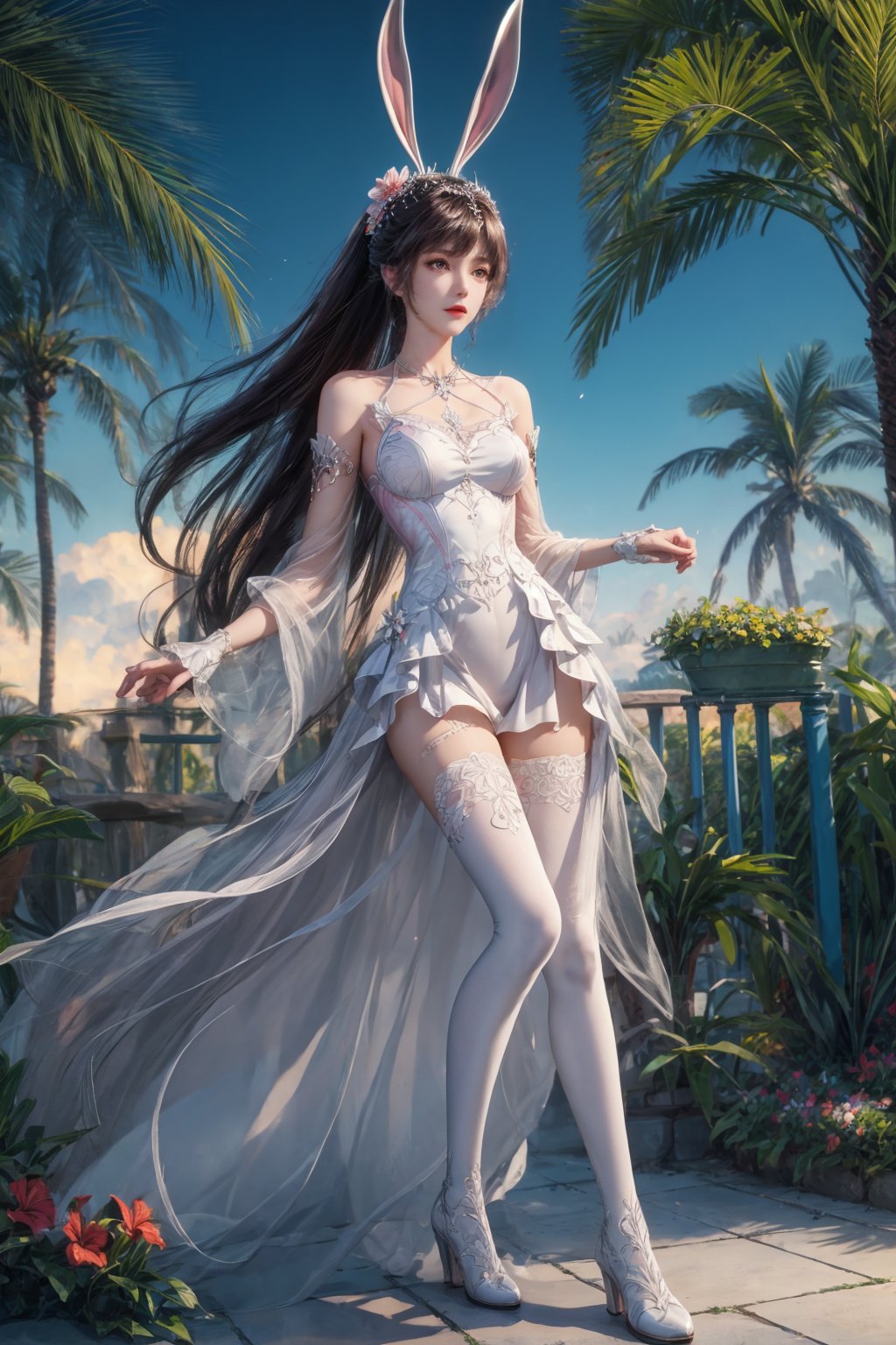 wallpaper. 8k,4k,ultrares,highres,(masterpiece, top quality, best quality),extreme detailed,colorful:1.4,highest detailed,ultra-detailed,(highly detailed CG illustration),ultra-fine painting,(Vivid Colors:1.1):1.4,sex,ocean
1girl,solo,rabbit ears, silver boots, Full Body Photo, Garden, Tropical Flowers,animal ears, hair ornament, collar,pantyhose, white thighhighs,DLDLxiaowu,