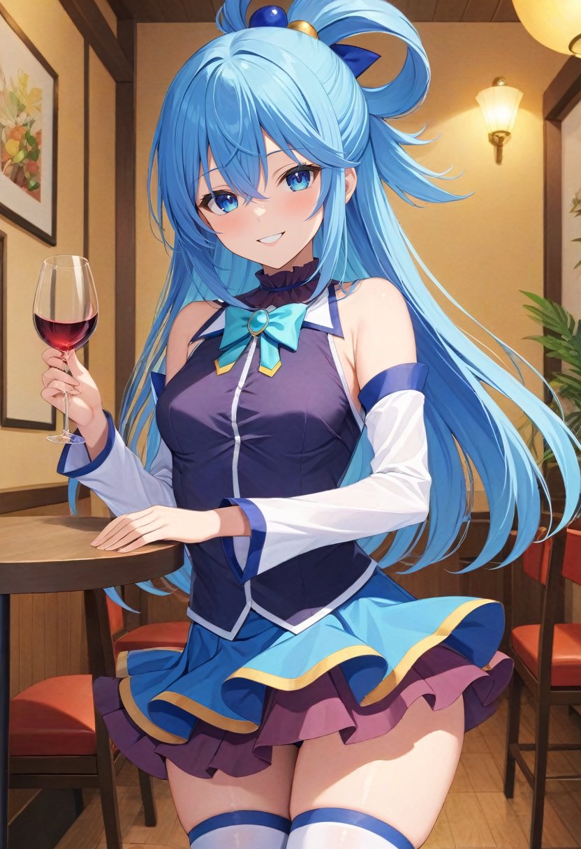 solo, 1girl,  ksaqua, smile, looking at viewer, holding wine glass, hair rings, blue shirt, bow, detached sleeves, skirt, thighhighs, bare shoulders, indoors, restaurant <lora:konosuba_aqua_xl-000004:1>