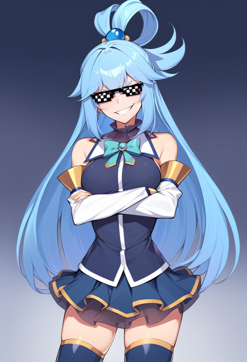 gradient background, solo, 1girl, ksaqua, smirk, looking at viewer, crossed arms, hair rings, IncrsXLDealWithIt, sunglasses, blue shirt, bow, detached sleeves, skirt, thighhighs, bare shoulders <lora:konosuba_aqua_xl-000004:0.8> <lora:DealWithIt:1>