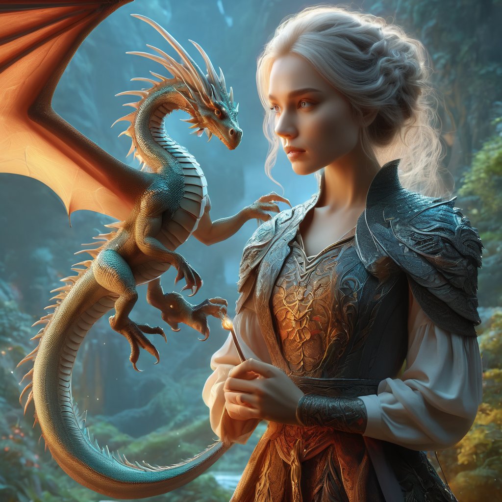 fantasy, woman and a tiny realistic dragon, digital illustration, UHD, a complex and intricate masterpiece clean and sharp,PetDragon2024xl