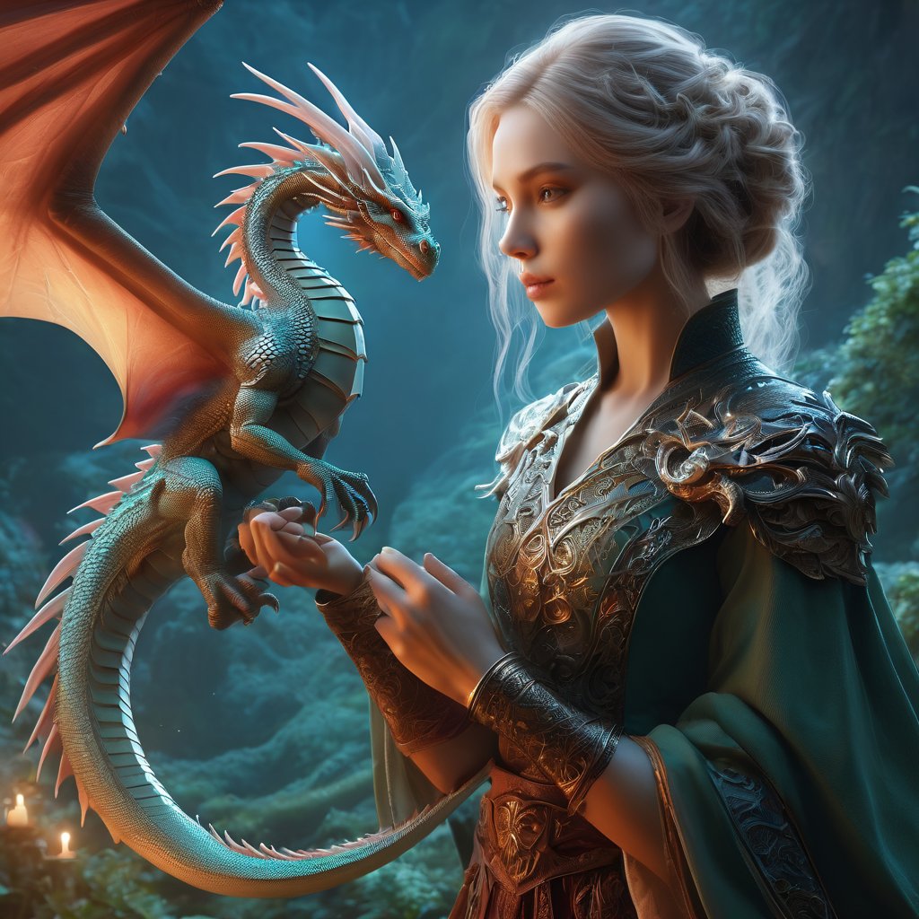 fantasy, woman and a tiny realistic dragon, digital illustration, UHD, a complex and intricate masterpiece clean and sharp,PetDragon2024xl