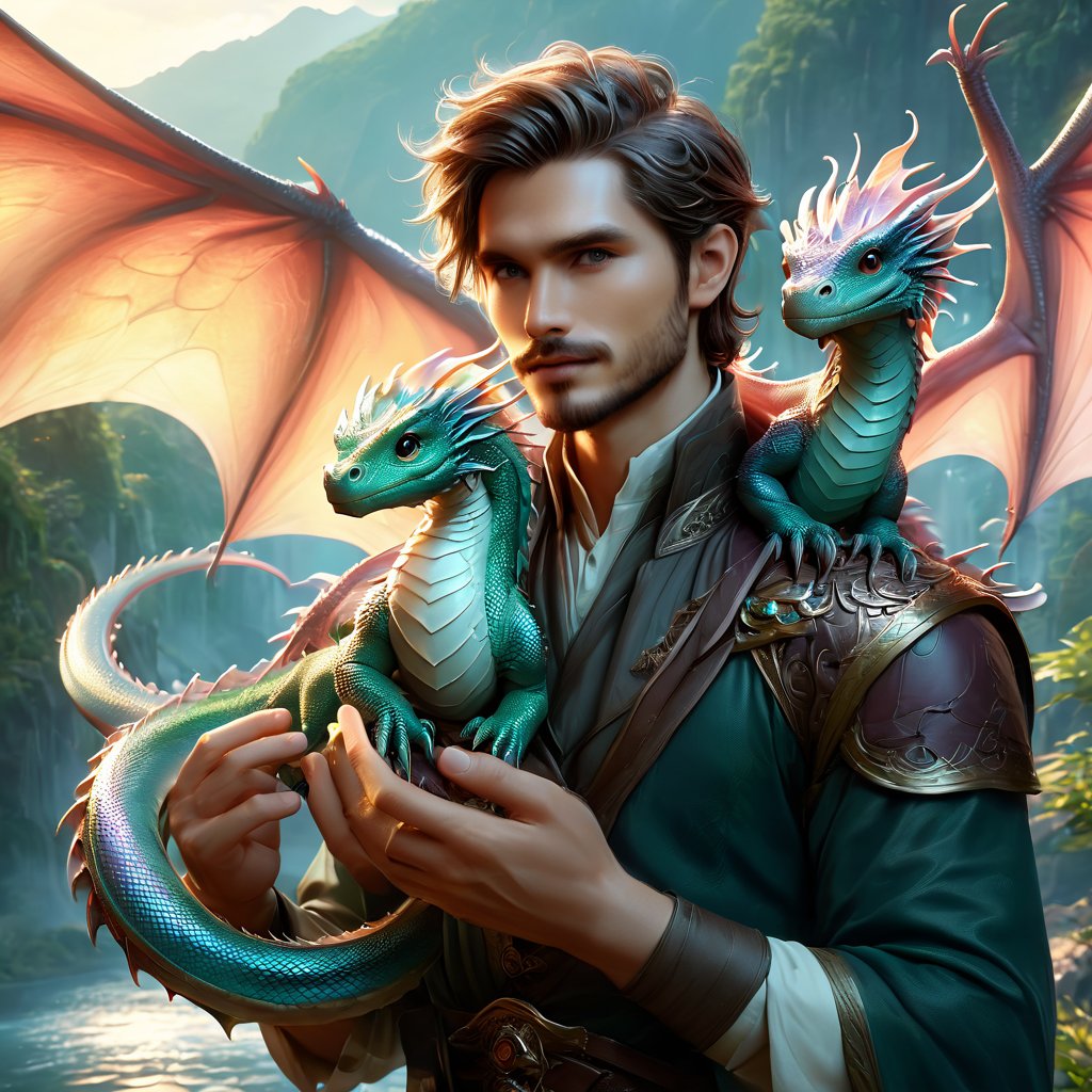 fantasy, rogueish man holding a ((tiny realistic dragon)), tiny dragon, iridescent scales, wings out, wing veining, perched, cute, full body dragon, looking at viewer, facial hair, digital illustration, realistic anime style, best quality,  masterpiece, perfect eyes, perfect face, detailed background setting ,PetDragon2024xl