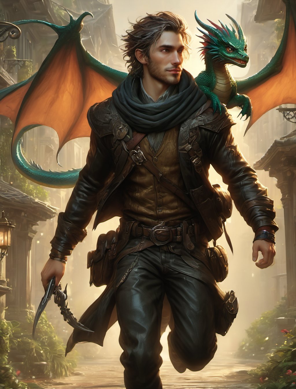 {{best quality}}, {{masterpiece}}, {{ultra-detailed}}, {illustration}, "thieves running away from a heist"!, and a handsome rogue thief has a small dragon flying behind him, smirk, action scene, artgerm, greg rutowski and wlop, intricate details, 3D rendering, octane rendering. Dan mumford and mark brooks and russ mills, cgsociety, character promo, bright happy fun mood, laughter, lushill digital painting, 32k, ,PetDragon2024xl,