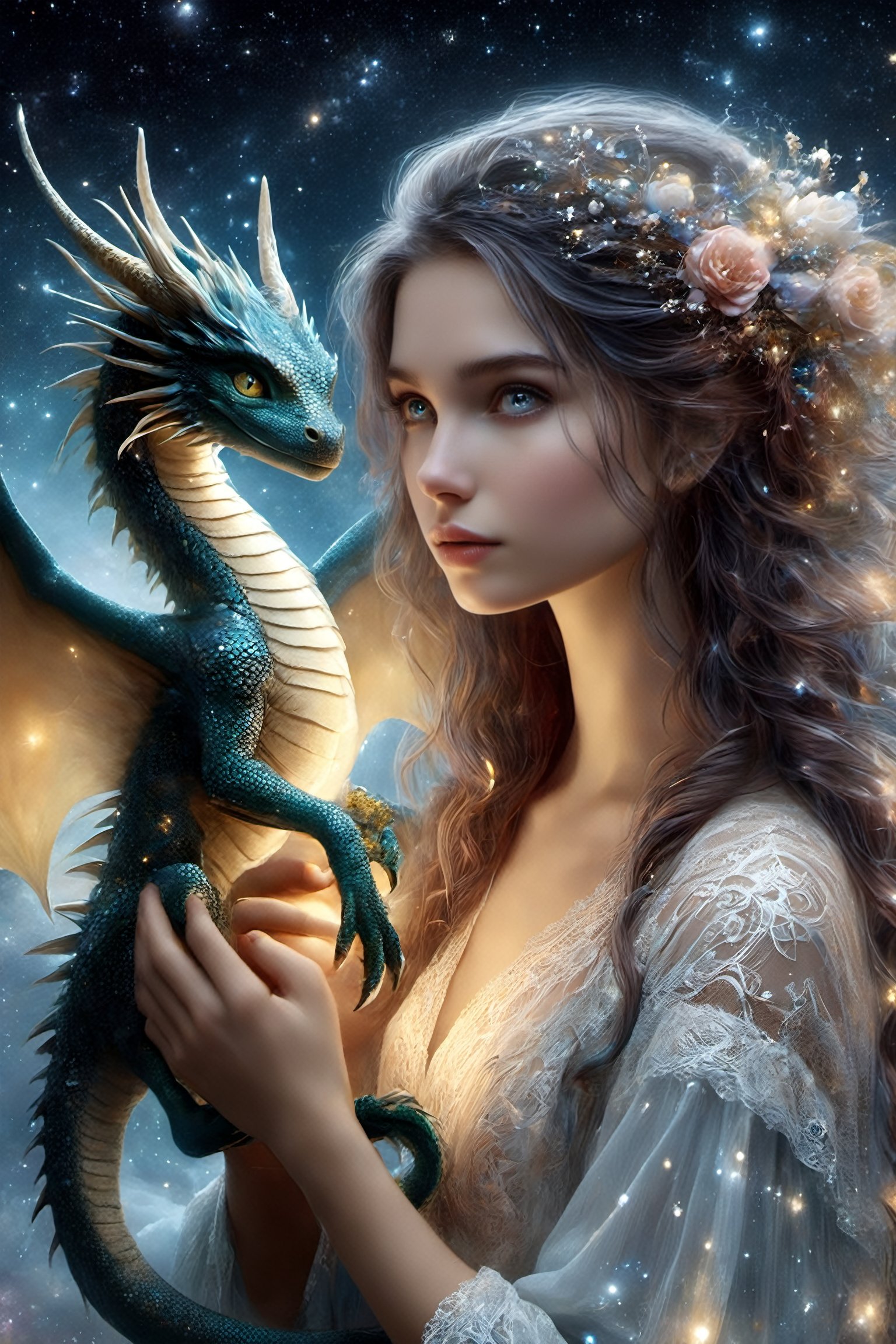 {{best quality}}, {{masterpiece}}, {{ultra-detailed}}, {illustration}, {detailed light}, {an extremely delicate and beautiful}, a girl holding a cute dragon, {beautiful detailed eyes}, stars in the eyes, messy floating hair, colored inner hair, Starry sky adorns hair, depth of field,detailed eyes, PetDragon2024xl,ink 