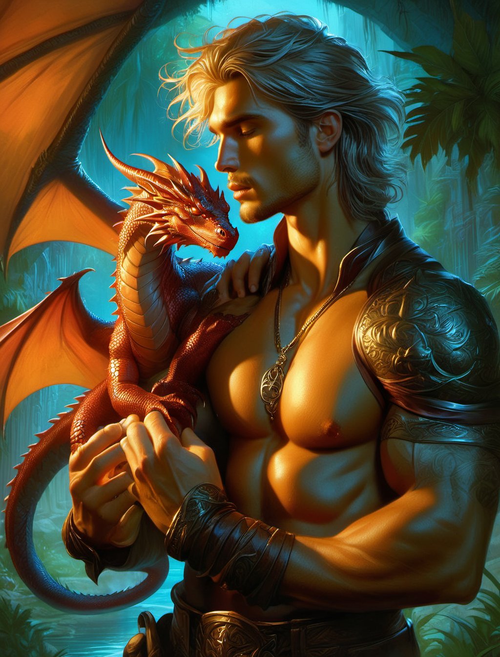 {{best quality}}, {{masterpiece}}, {{ultra-detailed}}, {illustration}, "shirtless man craddling  a small dragon in his arms", small realistic dragon, ((wingless dragon)), handsome man, no wings, detailed eyes, looking at viewer, by chris rallis, todd lockwood, artgerm, greg rutowski and wlop, mtg art style, anato finnstark, intricate details, octane rendering. Dan mumford and mark brooks and russ mills, cgsociety, character promo, bright happy mood, lushill digital painting, 32k, ,PetDragon2024xl,Decora_SWstyle,real_booster,eyes shoot,art_booster