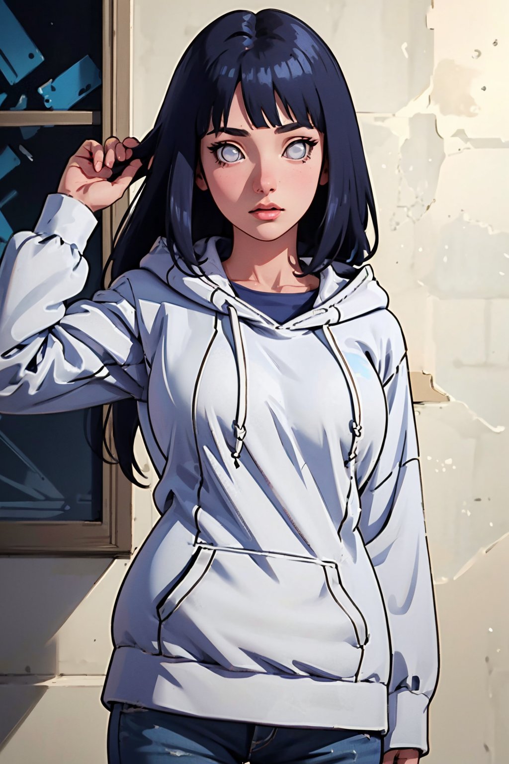 (Best quality,  Masterpiece,  detailed background:1.4),  1girl,  solo,  hinata,  looking_at_viewer,  hoodie,  bangs,  white eyes,  blank eyes,  long hair,  cowboy_shot,  sexy pose,<lora:EMS-278051-EMS:0.800000>