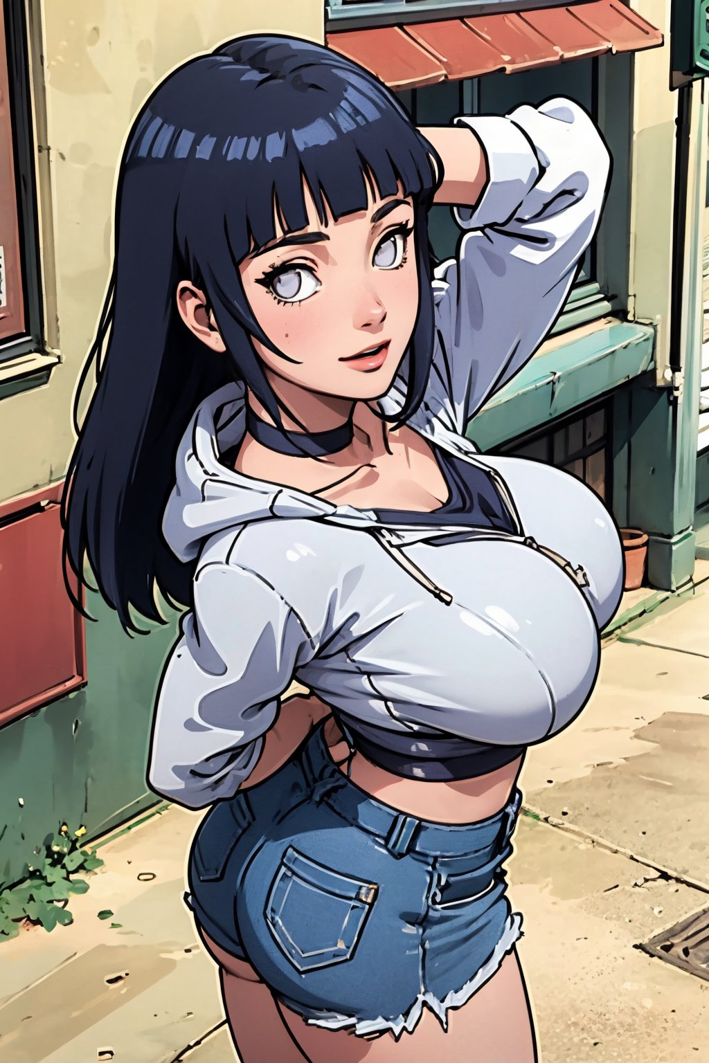 (Best quality,  Masterpiece,  detailed background:1.4),  1girl,  solo,  hinata,  looking_at_viewer,  hoodie,  ninja band,  collarbone,  neckband,  white eyes,  blank eyes,  long hair,  cowboy_shot,  sexy pose,  huge_breasts,  konohagakure streets,  from_above,  arms_behind_back,  fishnet shirt,  happy_face,<lora:EMS-278051-EMS:0.800000>