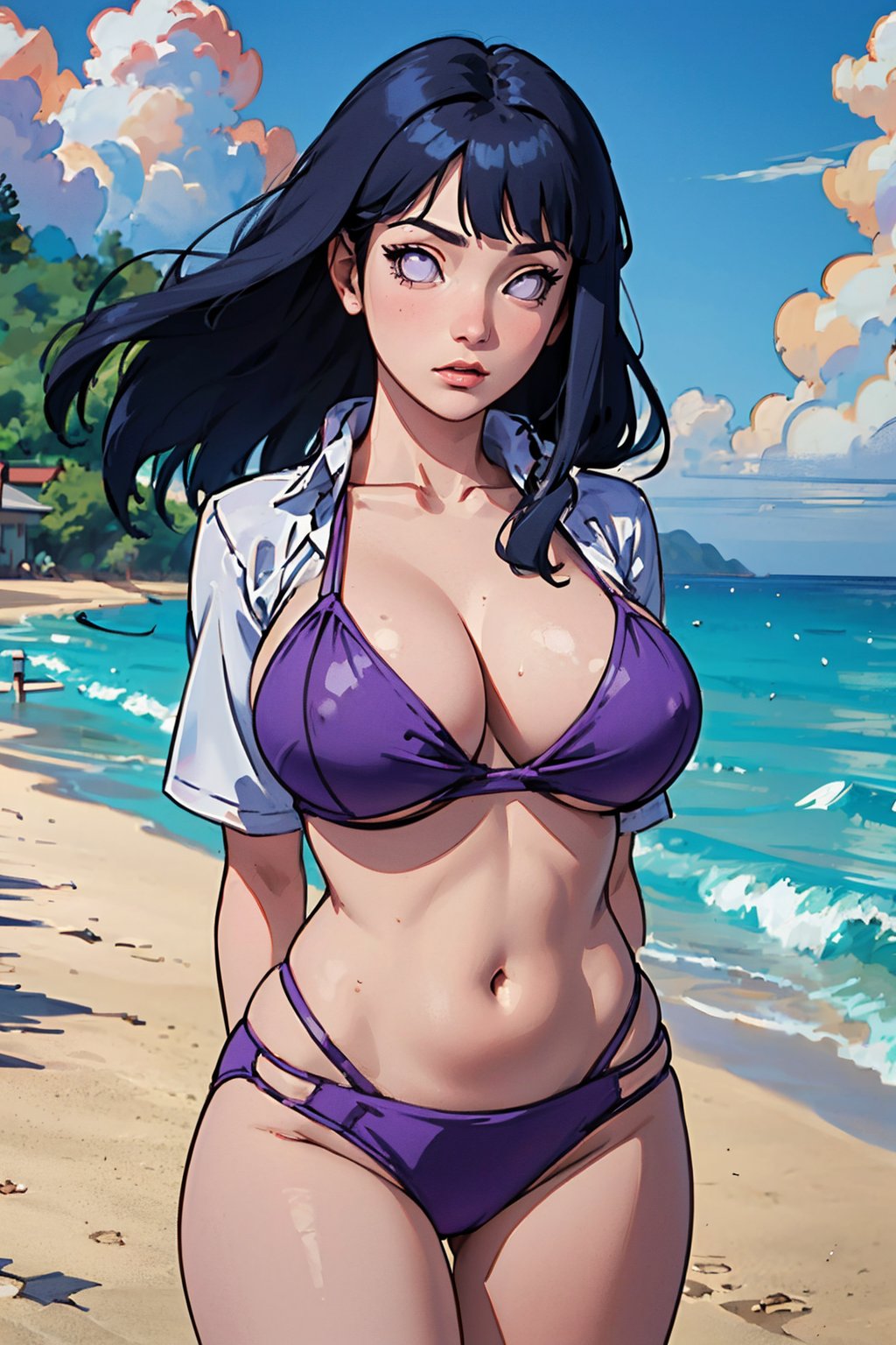 (Best quality,  Masterpiece,  detailed background:1.4),  1girl,  solo,  hinata,  looking_at_viewer,  purple bikini,  collarbone,  white eyes,  blank eyes,  long hair,  cowboy_shot,  sexy pose,  huge_breasts,  beach,  arms_behind_back,  fishnet_shirt,  seductive_pose,  narrow waist,  curvy_hips,<lora:EMS-278051-EMS:0.800000>