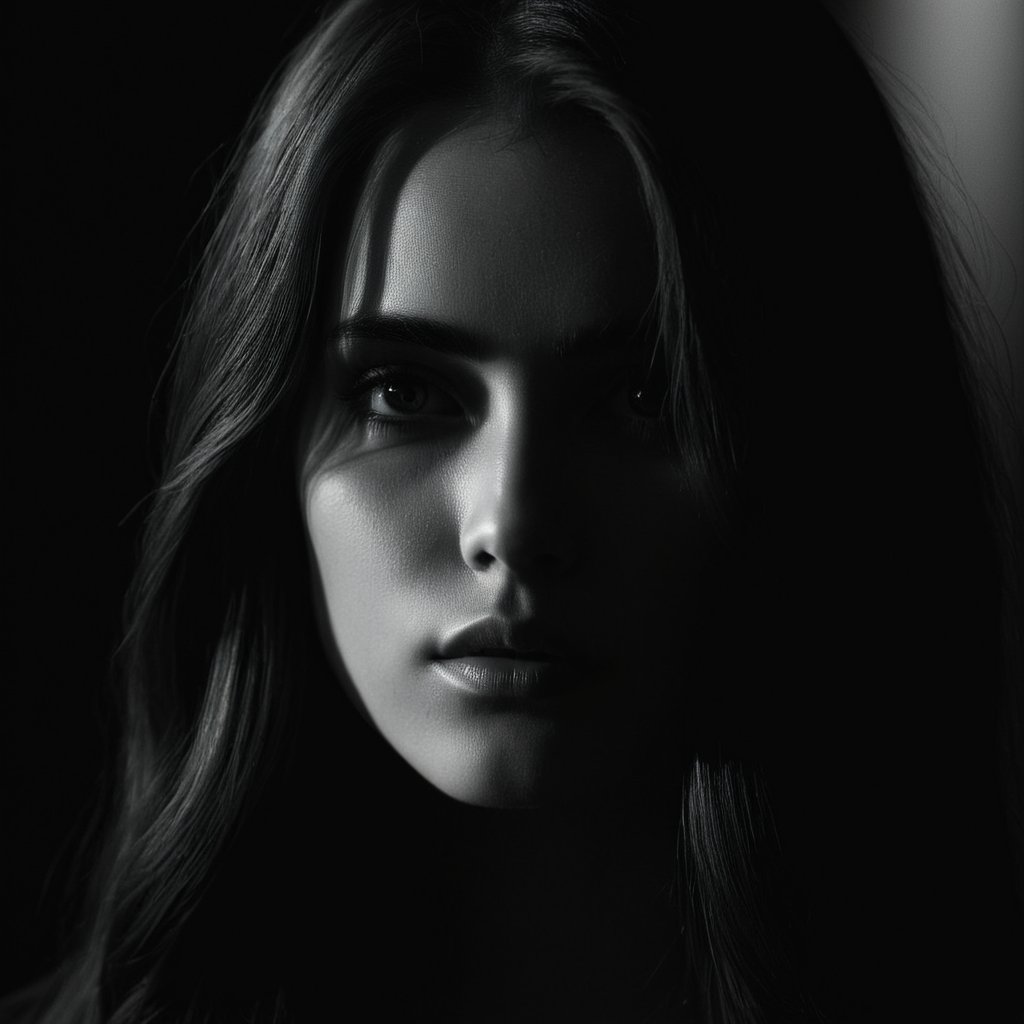 cinematic film still of  <lora:Low-key lighting Style:1>dim light, low light, dramatic light, partially covered in shadow, a woman with long hair and a black background Low-key lighting Style,solo,looking at viewer,bangs,simple background,1boy,hair between eyes,monochrome,greyscale,male focus,parted lips,lips,black background,portrait,close-up, shallow depth of field, vignette, highly detailed, high budget, bokeh, cinemascope, moody, epic, gorgeous, film grain, grainy