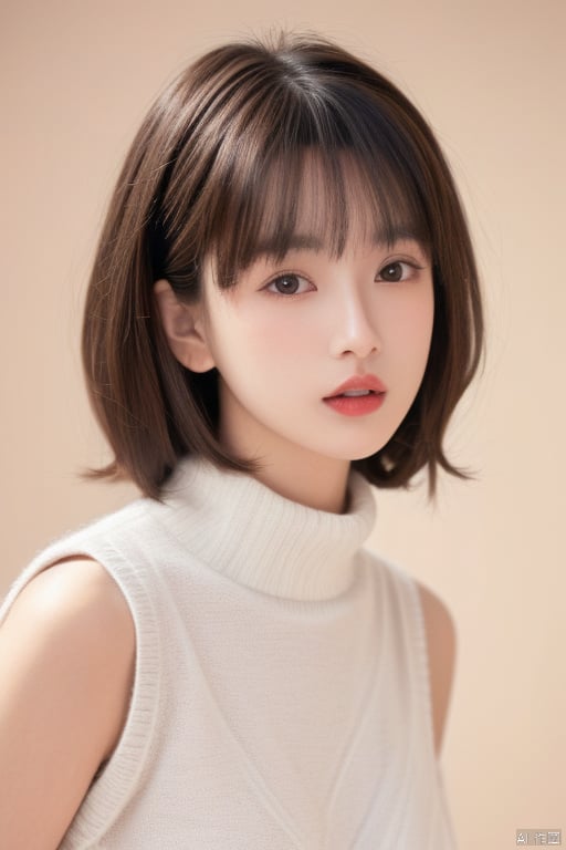  1girl, solo, black hair, looking at viewer, turtleneck, parted lips, bangs, short hair, sweater, upper body, brown eyes, lips, grey background, blunt bangs, turtleneck sweater, simple background, sweater, sleeveless, g009,,,,moyou,<lora:660447313082219790:1.0>