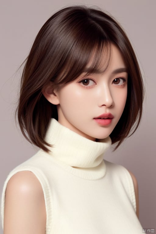  1girl, solo, black hair, looking at viewer, turtleneck, parted lips, bangs, short hair, sweater, upper body, brown eyes, lips, grey background, blunt bangs, turtleneck sweater, simple background, sweater, sleeveless, g009,,,,<lora:660447313082219790:1.0>