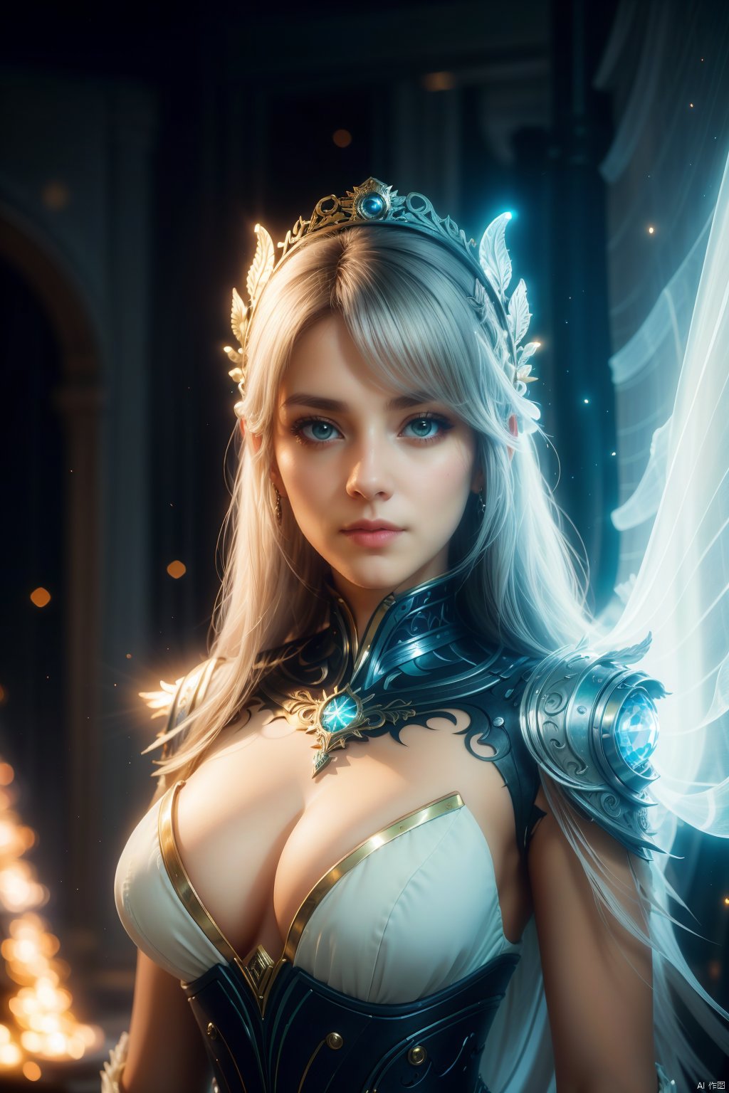  (1girl), light and shadow, wabstyle, glowing, white hair, long hair, wind, two-tone body, two-tone hair, (put nothing on:1.8),cleavage, shine tatoo, upper body, (photorealistic:1.4), flash, cinematic angle, mysterious, magical, obsidain, backlighting, fluctuation, 8k, photo, red, translucent, X-ray, goddess, (chakra:1.2),dress, glowing body, elegant, ntricate details, highly detailed,cinematic, dimmed colors, dark shot, muted colors, film grain, depth blur, blurry background dof, bokeh, realistic, realistic skin, Newspaper wall, huge filesize,newspaper, drakan_longdress_dragon crown_headdress, BY MOONCRYPTOWOW