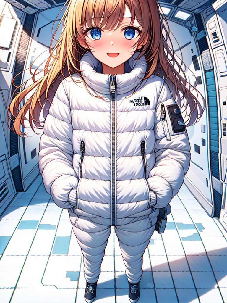 (masterpiece, best quality),fullbody shot
1girl,kawaii face, standing,she wear white down jacket, 
BREAK girl,smile, 15 yo, (loli:1.5), blonde long hair, medium long hair, (straight hair:1.1), (braid:0.8), ultra detailed eyes,embarrassed,

BREAK (white space tightfit bodysuit):1.5,astronaut, headphone,
BREAK spacestation( space station hallway,space station floor, auturm park,bing_astronaut,Astrovest,BREAK blush:1.5,tnf_jacket