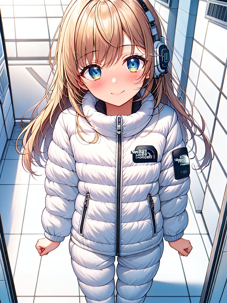 (masterpiece, best quality),fullbody shot
1girl,kawaii face, standing,she wear white down jacket, 
BREAK girl,smile, 15 yo, (loli:1.5), blonde long hair, medium long hair, (straight hair:1.1), (braid:0.8), ultra detailed eyes,embarrassed,

BREAK (white space tightfit bodysuit):1.5,astronaut, headphone,
BREAK spacestation( space station hallway,space station floor, auturm park,bing_astronaut,Astrovest,BREAK blush:1.5,tnf_jacket