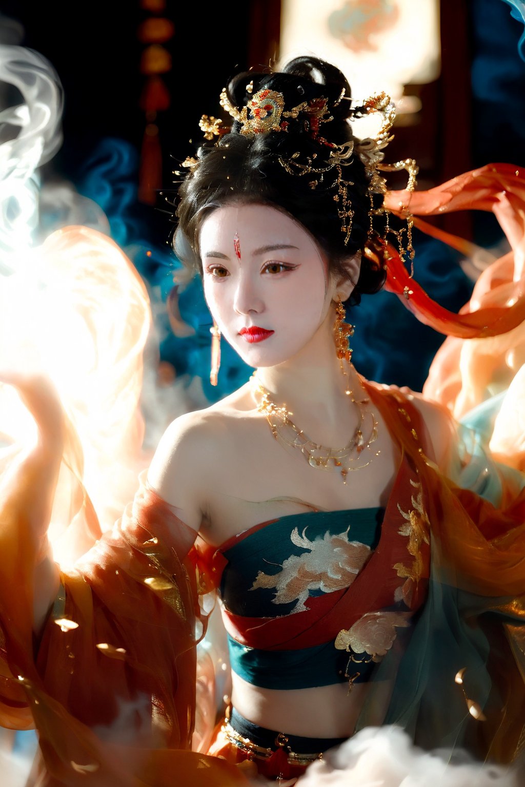 1girl,  solo,  looking at viewer,  black hair,  bare shoulders,  jewelry,  standing,  earrings,  necklace,  light particles,  shawl,  red lips,  smoke,  dunhuang,<lora:EMS-278385-EMS:0.700000>