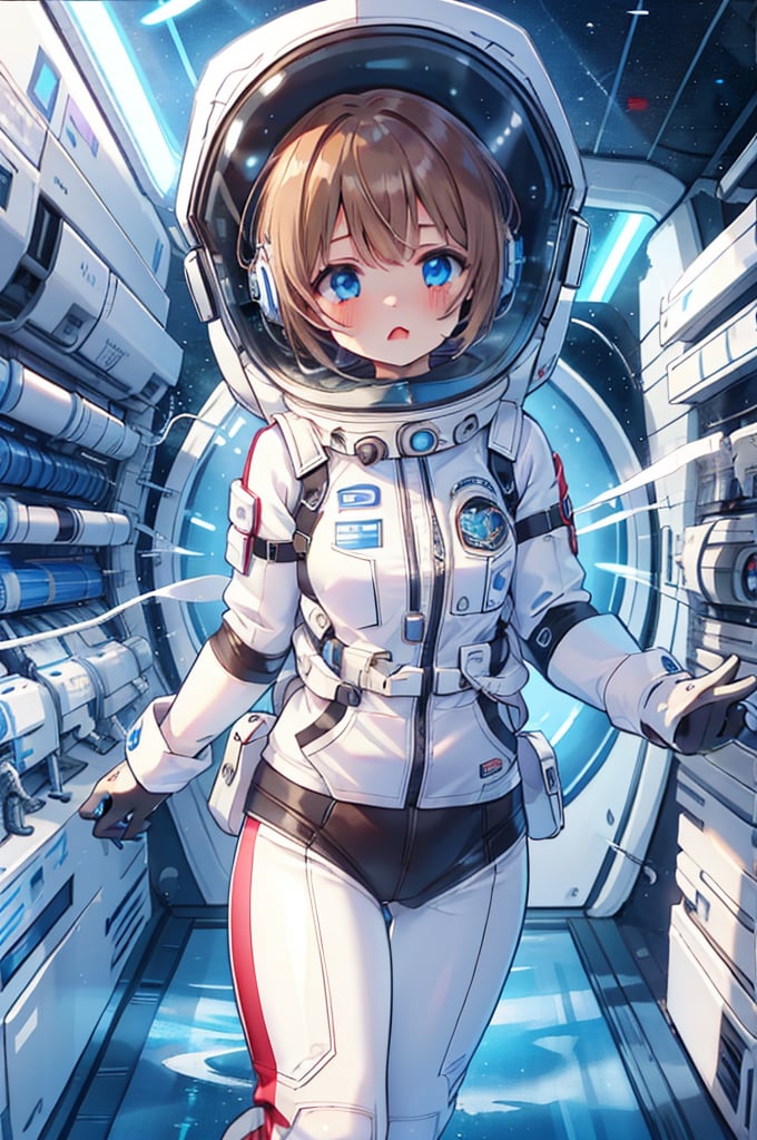 Extreme detail,masterpiece,anime illustration ,1girl,  short hair, bangs, large_eyes, blue_eyes,  (space helmet):4,(clear_helmet):3, neck seal,white space suit,  gloves, thigh_straps, looking_at_viewer, lomg pants,surprised_expression,headphone,light brown hair,short hair,blue eyes,blush,bing_wetsuit,astrovest,astrogirl,