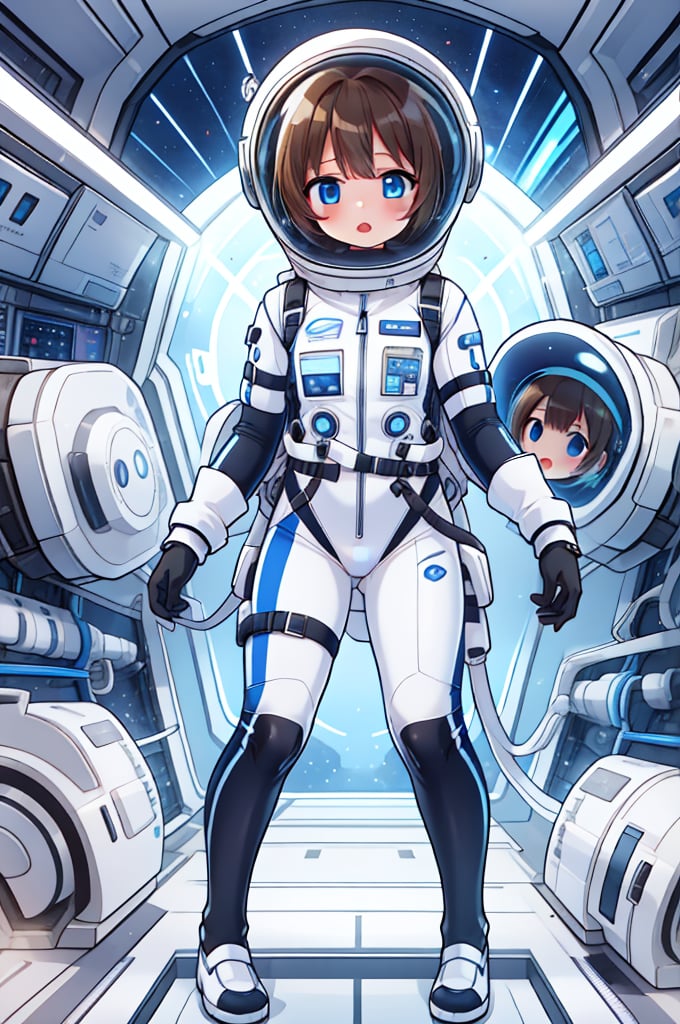 Extreme detail,masterpiece,anime illustration ,1girl,  short hair, bangs, large_eyes, blue_eyes,  (space helmet):4,(clear_helmet):3, neck seal,white space suit,  gloves, thigh_straps, looking_at_viewer, lomg pants,surprised_expression,headphone,light brown hair,short hair,blue eyes,blush,bing_wetsuit,astrovest,astrogirl,