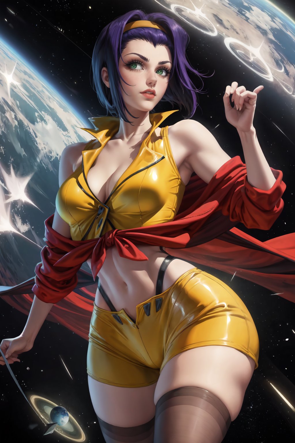 1girls, (solo:1.3), (cowboy shot:1.3), (looking at viewer:1.2), (pinup:1.3), close-up<lora:Cowboy Bebop - Faye Valentine [justTNP - v1.0]:0.9> fayevalentine, (large breasts), (curvy,:1.2) young female, yellow hairband, red jacket, (yellow crop top), (yellow shorts), thighhighs, midriff, off-shoulder, tied-shirt, cleavage, purple hair, green eyesBREAK <lora:Sakimichan [MockAi - v1.0]:0.85> sakimichan, (realistic shading:1.2), semi-realistic proportions, soft shading, minimal lineartBREAK intricate details, (masterpiece:1.3), (best quality:1.3), (perfect anatomy:1.4) BREAK, (free floating in space:1.2), (beautiful space scenery), (planet in background:1.2)