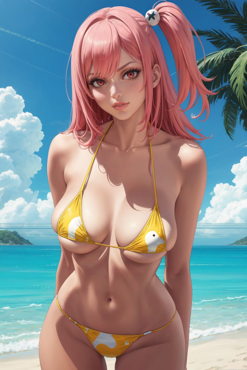 1girls, (solo:1.3), (cowboy shot:1.3), (looking at viewer:1.2), (pinup:1.3), close-up<lora:Honoka [Rerorerorero - v2.0]:0.8> honokabkn, yellow string bikini, (large breasts:1.2), bikini, one side up, breasts apart, (long hair:1.2), hair ornament, red eyes, pink hair, (bikini only:1.4), bare arms, bare shouldersBREAK <lora:Sakimichan [MockAi - v1.0]:0.85> sakimichan, (realistic shading:1.2), semi-realistic proportions, soft shading, minimal lineartBREAK intricate details, (masterpiece:1.3), (best quality:1.3), (perfect anatomy:1.4) BREAK, (tropical beach:1.3), palm trees, azure blue water, daylight, summer,