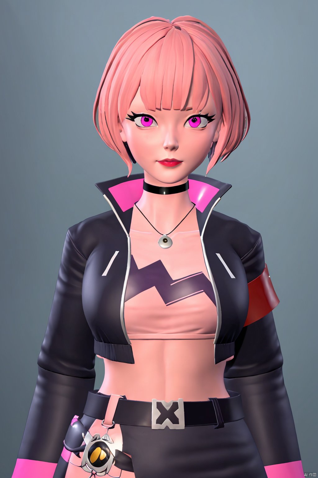  (shy),ZOE,1girl,jacket,black belt,black jacket,pink eyes,belt,choker,black choker,looking at viewer,crop top,jewelry,breasts,necklace,(short hair:1.2), masterpiece, best quality,