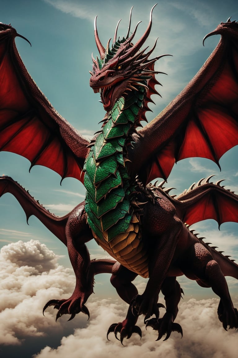 In a mesmerizing painting, a magnificent dragon soars gracefully through the sky, capturing the attention of viewers with its enchanting flight. The dragon's stunning wings radiate with an ethereal spectrum of emerald green and glistening. The image, vivid and full of detail, showcases the dragon in all its majestic glory. The painting showcases a high level of artistry, immersing the audience in the awe-inspiring beauty of this mythical creature.