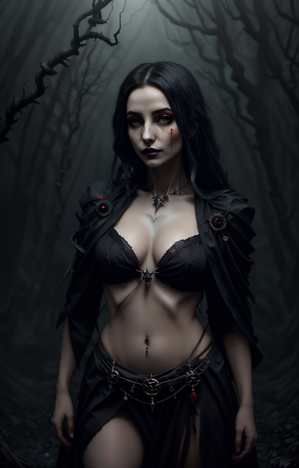 (best quality,4k,8k,highres,masterpiece:1.2),ultra-detailed,(realistic,photorealistic,photo-realistic:1.37),halloween, blood witcher, fair, hell, skeleton, vampire, demon, blood demon, spooky, creepy, fancy costume, dangers look, close-up, portrait, dark forest, misty atmosphere, glowing eyes, pale skin, smoke effects, moonlight, eerie shadows, sinister grin, gothic elements, haunting presence, mystical aura, enchanting beauty, macabre elegance, otherworldly charm, hair flowing in the wind, intense stare, blood-red lips, ethereal lighting, mysterious background, ominous fog, witchcraft symbols, supernatural powers, hauntingly beautiful, chilling vibes, menacing atmosphere, twisted branches, tangled vines, eerie silence, bone-chilling expression, ghostly appearance, piercing gaze, hauntingly pale complexion, secret incantations, unearthly presence, mystical transformations, spectral energy, supernatural allure, blood-stained garments, hair standing on end, spine-tingling sensation, sinister enchantress, midnight rituals,Sexy Pose,Gabriel Pacheco Style