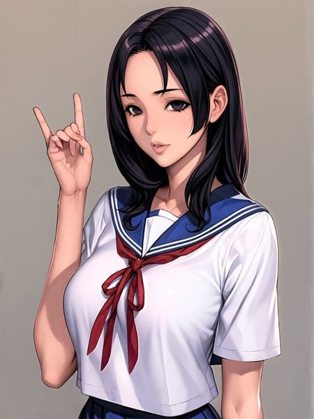 1girl, arm up, black eyes, black hair, blue sailor collar, chch-style, hand up, long hair, neck ribbon, painting \(medium\), parted lips, red ribbon, ribbon, sailor collar, school uniform, serafuku,mature female,shiny,shiny skin,oda non