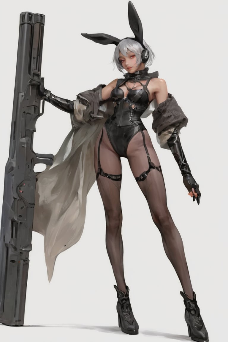 1girl, 1girl, solo, long hair, breasts, looking at viewer, bangs, simple background, red eyes, thighhighs, gloves, white background, holding, animal ears, standing, full body, ponytail, weapon, ass, grey hair, pantyhose, boots, parted lips, black gloves, elbow gloves, looking back, dark skin, from behind, holding weapon, rabbit ears, high heels, dark-skinned female, lips, gun, bodysuit, thigh strap, fake animal ears, headphones, thigh boots, fishnets, skin tight, high heel boots, thighhighs over pantyhose