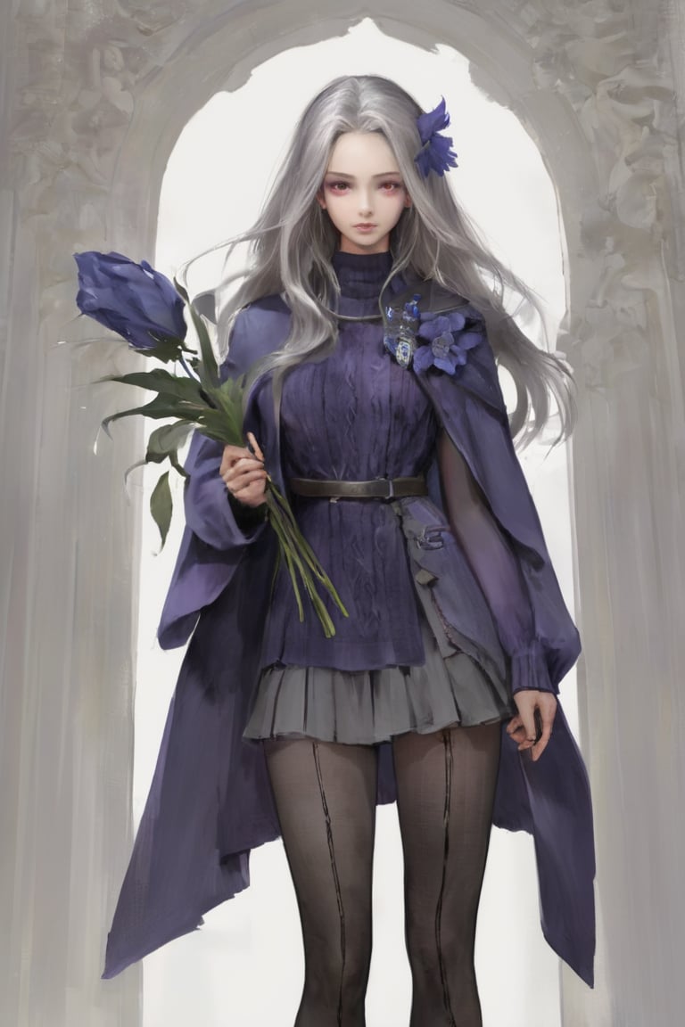 dal, 1girl, black_hair, blue_sweater, coat, divine_gate, elizabeth_(divine_gate), floating_hair, flower, full_body, grey_hair, hair_flower, hair_ornament, long_hair, looking_at_viewer, official_art, pantyhose, purple_flower, red_eyes, solo, sweater, tears, transparent_background, ucmm, very_long_hair