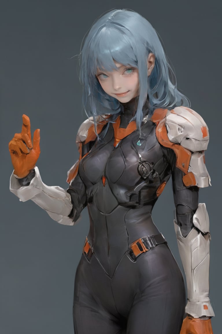 dal, 1girl, :d, bangs, blue_bodysuit, blue_eyes, blue_hair, bodysuit, boku_no_hero_academia, breasts, covered_collarbone, drill_hair, gloves, glowing, green_bodysuit, grey_background, hadou_nejire, highres, long_hair, looking_at_viewer, noizu_(noi_hr), open_mouth, orange_gloves, simple_background, skin_tight, smile, solo, teeth, very_long_hair, white_bodysuit, white_gloves